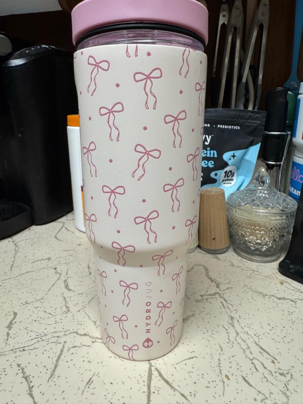 HydroJug Cream Tumbler with Pink Bow Pattern